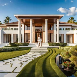 full body closeup shot of young lady in pants an blouse standing in garden of luxury villa posing to camera