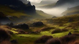 hills of the scotland highlands, misty fog, Canon RF 16mm f:2.8 STM Lens, award winning photography, by national geographic and upsplash