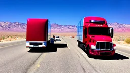 A police Tesla Cybertruck is chasing a Tesla 'Model S Plaid' at top speed, at the 'Lake Mead', in Nevada. CINEMATIC. WIDE ANGLE LENS.