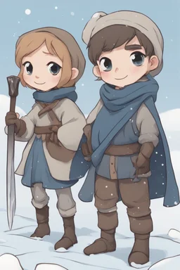 DnD style, two medieval peasant kids playing in the snow male and female, age 14 and 15, happy and playful, he has a short sword. She has a dark blue scarf.