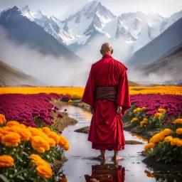 An ice Buddhist monk dressed in a red robe over a yellow shirt and wearing sandals, standing in a field of marigolds and pink violets against the backdrop of the snowy Himalayan peaks, the ground around him is wet from dew balls and morning mist, the monk's figure is reflected in a puddle of water he is standing next to, in a field a yak herder, sun rays Penetrating through white and gray clouds that cover the sky, cinematic photography, wide lens, sharp and clear colors, 24K