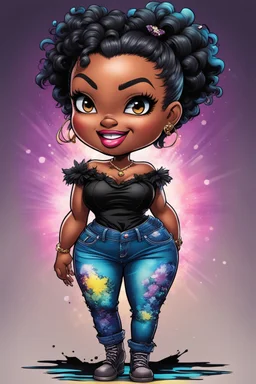 vibrant psychedelic comic book image, airbrush, 48k, cartoon art of a chibi curvy black female wearing torn jeans pants and a black tie dye off the shoulder blouse. Prominent make up with lush lashes. Highly detailed sleek wavy ponytail