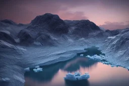 highly detailed glacial lake landscape, sunset, cinematic lighting, 4k, 8k, octane render, trending on 500px, pinterest, extremely detailed, ambient lighting, single frame