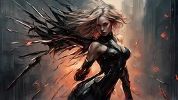 biomechanical women, beautiful, cyberpunk, dusty blonde, short square, large biomechanical black wings, sword, cybernetic, dynamic pose, rain, wind, ashes, flashes of fiery threads, sketch art, fine lines, grunge, sensual, darkness, dark colors, by Raymond Swanland & Alyssa Monks & Anna Razumovskaya