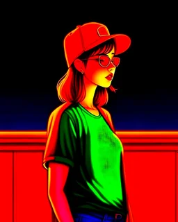 woman with a red baseball hat. leaning on a wooden balcony. night time. fantasy. cartoon. studio lightining.