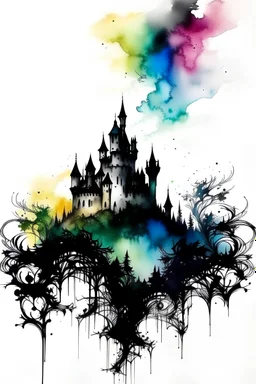 Exquisite ink painting on white paper making it the perfect artwork for multiple exhibitions. This piece aims to combine the shadowed silhouette of a castle with a dragon, hyper-realistic, paint splashes, multi-color, dark fantasy, poster, photography, painting.