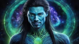 beautiful gorgeous young man na'vi with long hair, Avatar, blue skin, two small ears, green eyes, black hair, in cosmic suit, galactic ambiance, medium pointy goatee , smiling, nebulas and sacred geometry light figures on the backgroud,