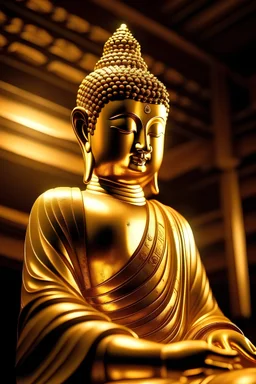 A wide angle image of a golden statue of Buddha with chrome top and golden light from the side