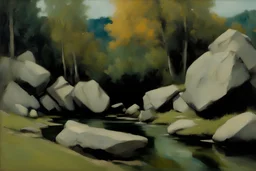 rocks, trees, 2000's sci fi movies influence, lake, george hendrick breitner and lesser ury impressionism paintings