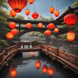 Japanese orange and red paper lanterns floating down a Japan river under an ornate wooden bridge, hyperreal