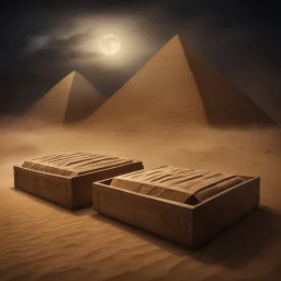 Hyper Realistic haunted view of Egyptian mummy coffins outside Pyramids with sandstorm at dark night