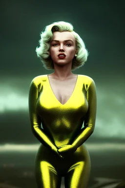 Ultra Realistic retro sci-fi scene, portrait, blonde woman, sweet young Marilyn Monroe face, perfect iris, tight latex coat, Strange planet background, Retro sci-fi style helmet, fog, rain, soft color, highly detailed, unreal engine 5, ray tracing, RTX, lumen lighting, ultra detail, volumetric lighting, 3d, finely drawn, high definition, high resolution.