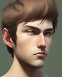 boy, cute, young, brown hair, green eyes, short hair, close up, head and shoulders portrait, head and shoulders portrait, 8k resolution concept art portrait by Greg Rutkowski,