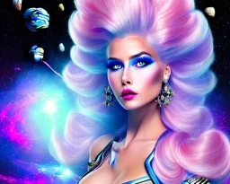 jolie femme galactique cosmonaute avec longs cheveux roses dans un paysage cosmique avec ufos - joli visage souriant et beau corps bien formé , beaux yeux bleus - grandes ailes bleu ciel , ciel bleu fleurs blanches et roses. robe en soie, jolies dents, jolis yeux, picture precise and hight quality,ambiance rose pÂle, combinaison de cosmonaute, le sourire est important. voir rire