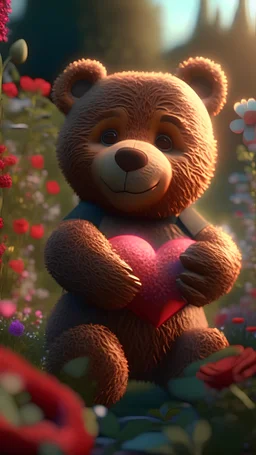 Place the teddy bear in a prominent position within the flower garden. Make sure the bear is holding the red heart in a way that is visible and adds a focal point to the image. Backlight. Highly detailed. Hyper-realistic, 4k, ultra HD, Pixar style, Disney style, cinema 4D