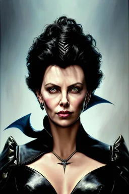 painting of charlize theron as evil queen in black leather, feminie, angry, stern look on her face, volouptous, busty, cleavage, emperious, mature, highly detailed, digital painting, artstation, concept art, smooth, sharp focus, illustration, art by gaston bussiere and alphonse mucha