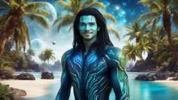 beautiful gorgeous young man na'vi with long hair, Avatar, blue skin, two small ears, green eyes, black hair, in cosmic suit, galactic ambiance, medium pointy goatee , smiling, with spaceship and planets and palm trees and clear crystaline cosmic beach in background