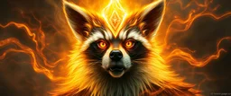 close up portrait of a plasma racoon king flickers like hypnotic fire in geometric shapes like a dna swirl of time and a fearsome planeswalker covered in powerful runes