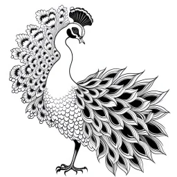 white, A peacock white flower decoration, line art, white background, outline, with images neatly contained within the background, just black and white color, full body, no color. Looking front , front view, 8k