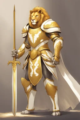 Humanoid lion knight wearing white and gold armor, wearing a white and gold cape, holding a large sword and shield