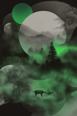 , digital collage of various images and elements, such as animals, trees, wind, moon, shadows, planets, fog, abstract symbols, mist, plants, maps, weird things, green fog, poison. The collage is composed of distorted and glitched shapes and layers, creating a sense of confusion and horror. Deep, dark colors,black, green and silver, surreal mood, The images and elements are related to the themes of surrealism, paranoia, thriller and conspiracy, nightmare.