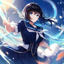 Clear focus,High resolution, Black short fluffy hair, and blue eyes, wearing a sailor uiform, Wind magic