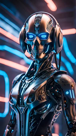 Ultra-detailed benevolent cyborg in a spaceship, with anthropomorphic cybernetic skeleton elements on metal armor, neon lights reflections, reflection mapping, intricate design and details, dramatic lighting, Cinematic lighting, Volumetric lighting, Epic composition, Photorealism, Bokeh blur, Very high detail, Sony Alpha α7iv, ISO1900, Character design, Unreal Engine, Octane render, HDR, Subsurface scattering, by addie digi