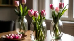 A closeup of long-stemmed pink tulips with glass jars on a round table.