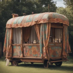 Old fashioned gypsy wagon decorated, curtains fluttering in the wind,