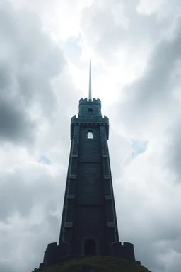 The Tower Prison ("The Needle") A tall, ancient stone tower piercing the cloudy sky, isolated in a medieval kingdom, with a single window high near the top — ominous yet majestic.