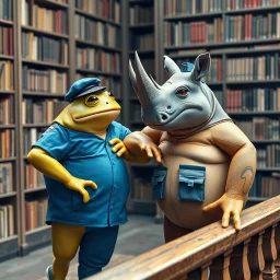 close up photo from a yellow color big and fat anthropomorphic frog in simple human clothes talking with a gray strong anthropomorphic rhinoceros without horns in blue modern security guard clothes, they talking and elbowing on an old wooden railing next to each other, in background a bibliothek with tall book shelves, detailed sci-fi, fantasy mood