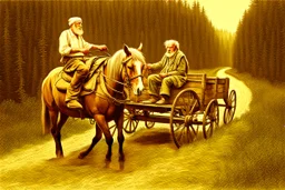 old man driving 2 wheel cart stopped by bandits on horseback on the forest road