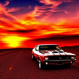 muscle car, desert road, sunset, full colour,