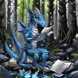 A dragonoid human with grey scales and a flexible tail in the middle of taking notes in a magical forest