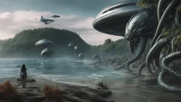 detailed matte painting of a wide-angle shot of a woman standing on the right-hand side of an alien beach, with dark hair in a silver robotic catsuit, many floating aliens with long tentacles, alien jungle trees in the distance, deep colour