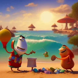 The hangman and the locust on the beach happily making sandcastles in the sun, art by Pixar and Dreamworks