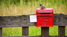 an old wooden fence with a little bird on it, a red old mailbox on the fence, a big note stuck on the mailbox