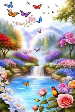 Trés belles roses, rainbows, beautiful colors gardens , flowers, cascades,Birds, butterfly