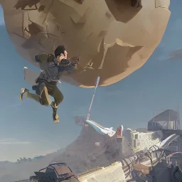 a soldier jumping off of an airship, during a war in a desert