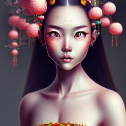 portrait of a Chinese woman, cute, fantasy, with flowers in her hair, big eyes, cute red nose, freckles