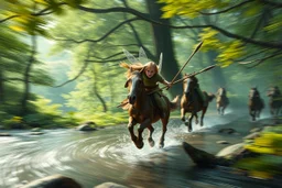 oil painting ,motion blur running caped long haired pixie Quickling - Forgotten Realms dodging forked spears above water and along winding branches in lush green forest along speeding horses , bokeh like f/0.8, tilt-shift lens 8k, high detail, smooth render, down-light, unreal engine, prize winning