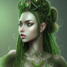 Gorgeous, green, plant witch, dark skin, green braids