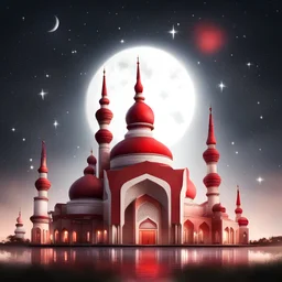 Hyper Realistic Red & White Mosque at beautiful night with stars & half moon