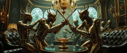 Lotsa shiny brass and tinted glass goths pushing each other with sticks in dramatic scene in luxury parlour in the style of Giger and Escher
