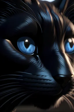 a look into the face of a humanoid cat noir, hyper realism, photo realism, realistic lighting, realistic color grading