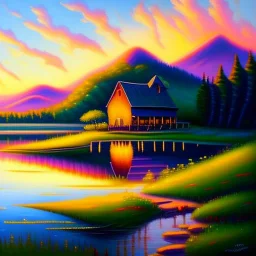 An exquisite oil painting capturing a dreamlike paradise, with a charming little farmhouse nestled by a calm lake. The farmhouse, with its rustic appeal, contrasts against the serene water, surrounded by a lush, verdant forest and rolling hills. The background unfolds into a dramatic landscape, featuring towering mountains and a stunning sunset sky that casts warm, vibrant hues across the scene. The artist's mastery is evident in the seamless blend of traditional oil painting techniques with the