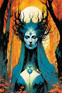 create a wildly conceptual print illustration of sorceress with highly detailed feminine facial features, in an ethereal, otherworldly ,ancient autumn forest , in the comic book art style of Bill Sienkiewicz, Mike Mignola, Sparth, and Jean Giraud Moebius, finely drawn, colored, and inked, suffused with dramatic natural light and shadow of sunset