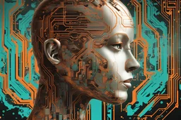 An image capturing the silhouette of an artificial intelligence in human form set against the backdrop of an abstract mass of circuitry. The face should be detailed but without gender and the AI in human form should look friendly. Create contrast using the colors turquoise, and orange. Also use the color: #5E8AC3. Incorporate elements of soviet brutalism and neo-tokyo aesthetics.