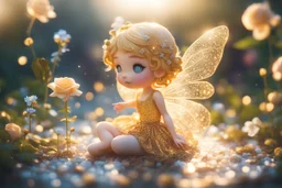 double exposure, only dots, golden glitter and pebbles, cute chibi anime rose fairy, fountain, garden, forget me nots and roses in sunshine, backlit, ethereal, cinematic postprocessing, bokeh, dof