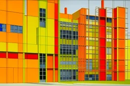 An orange hi-tech factory painted by Piet Mondrian